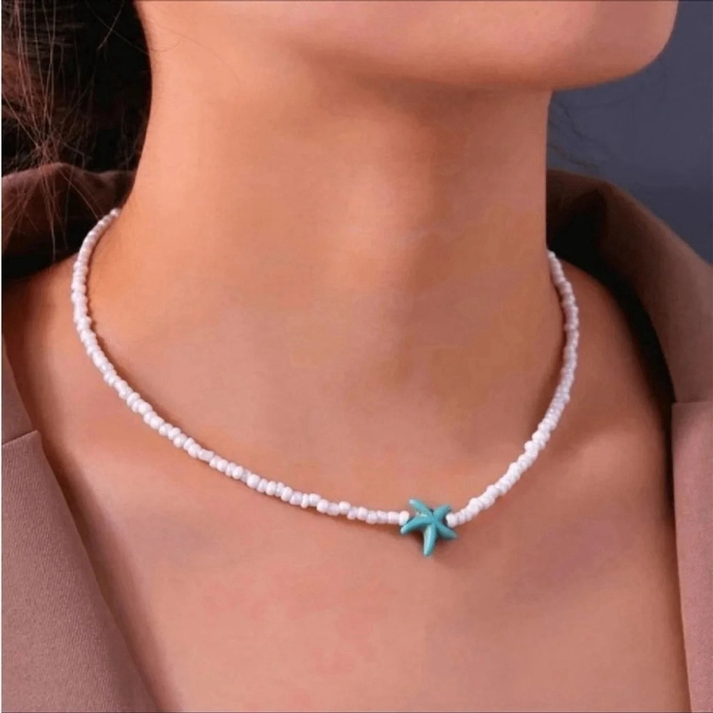 ⚠️Clearance Starfish Pendant Beaded Necklace Turquoise / Beige SS